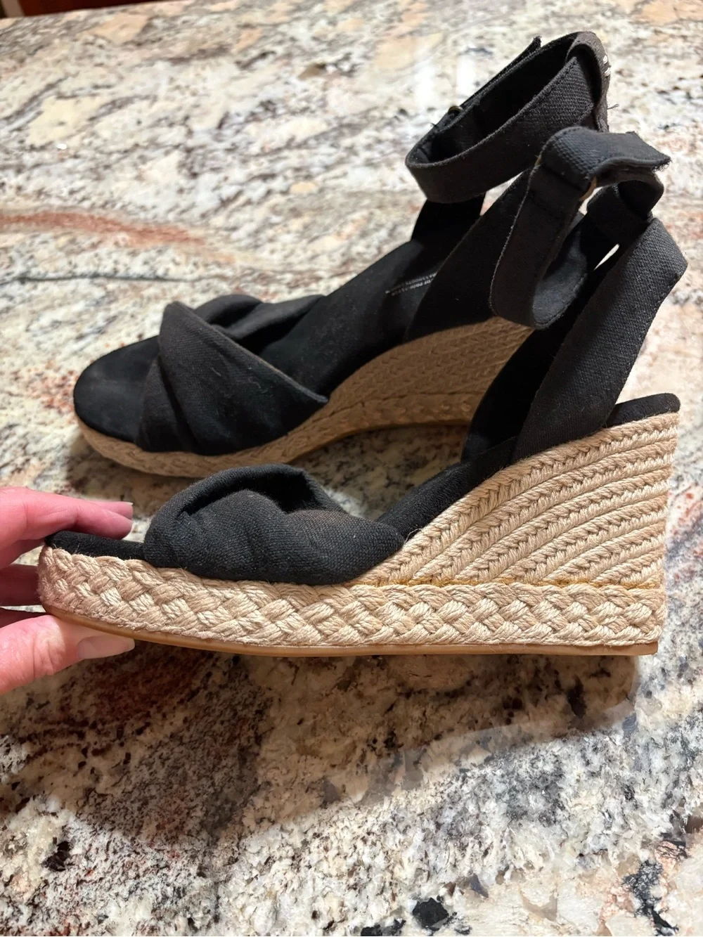 Toms Black Fabric Espadrille Wedge Sandals with Ankle Strap